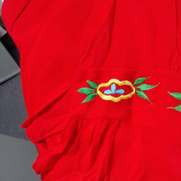 1970's Vintage Red Maxi Peasant Dress w/ Embroidered Waistband by Styled by Mr. - Picture 9 of 10